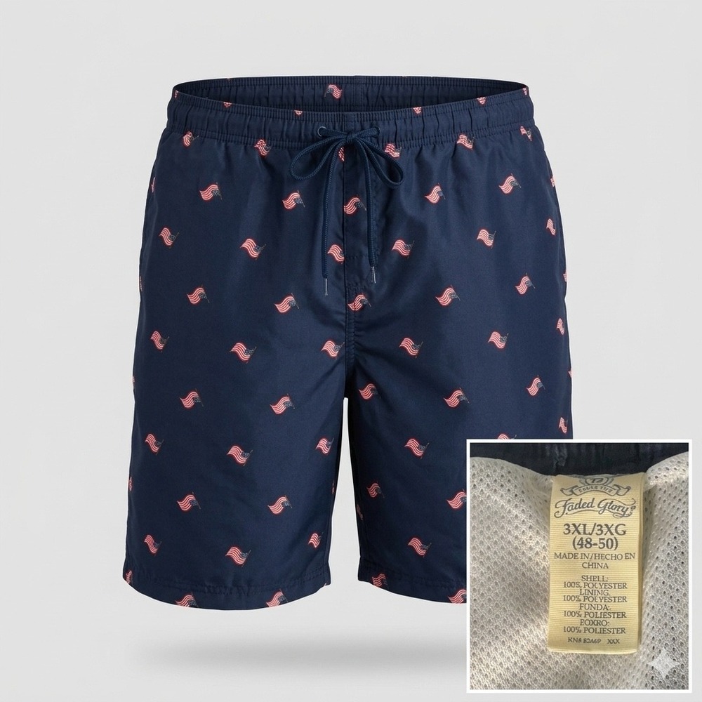 Faded Glory Mens 3XL Navy Blue American Flag Print Swim Trunks Mesh Lined 48-50